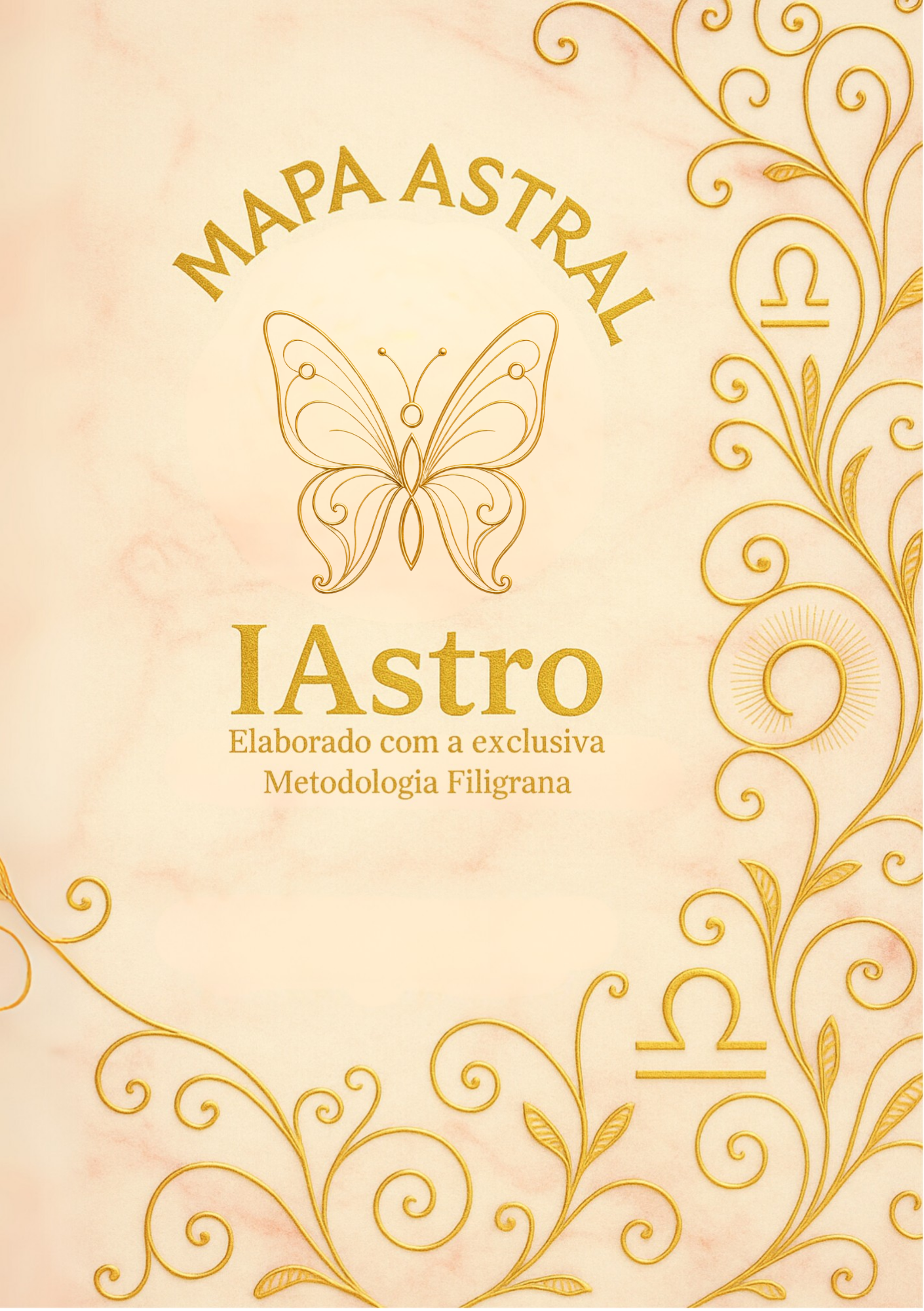 Capa do Mapa Astral Filigrana, com borboleta dourada em filigrana sobre fundo marfim